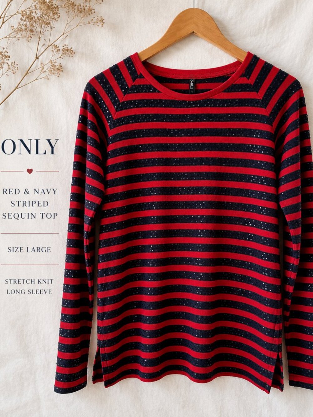 🇺🇸 Red Navy Striped Sequin Long Sleeve Top Stretch Knit Size Large